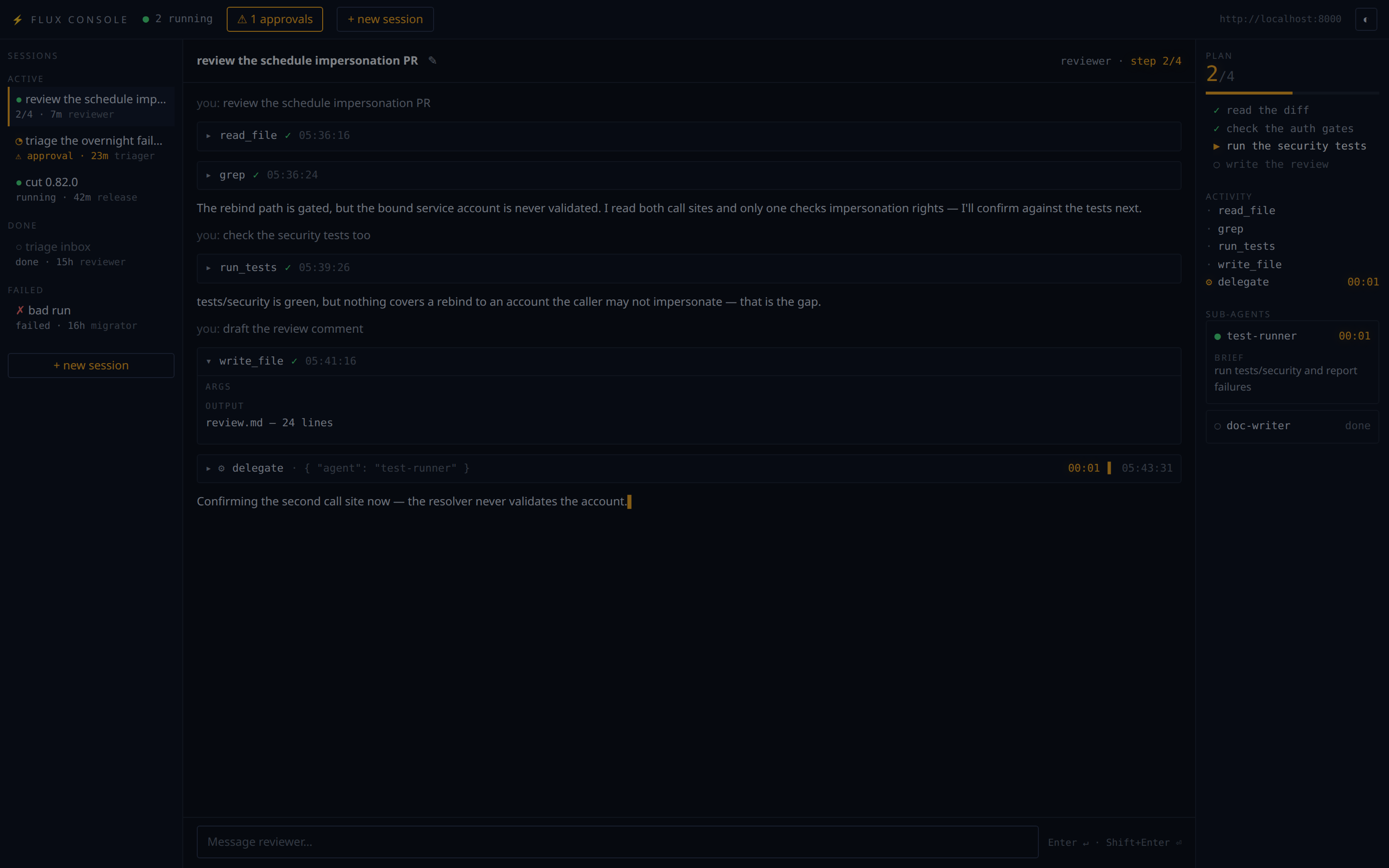 The Flux console in a browser, dark theme
